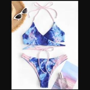 ZAFUL Tie Dye Ribbed Ladder Strap Wrap Bikini Swimwear - Light Pink Size 4